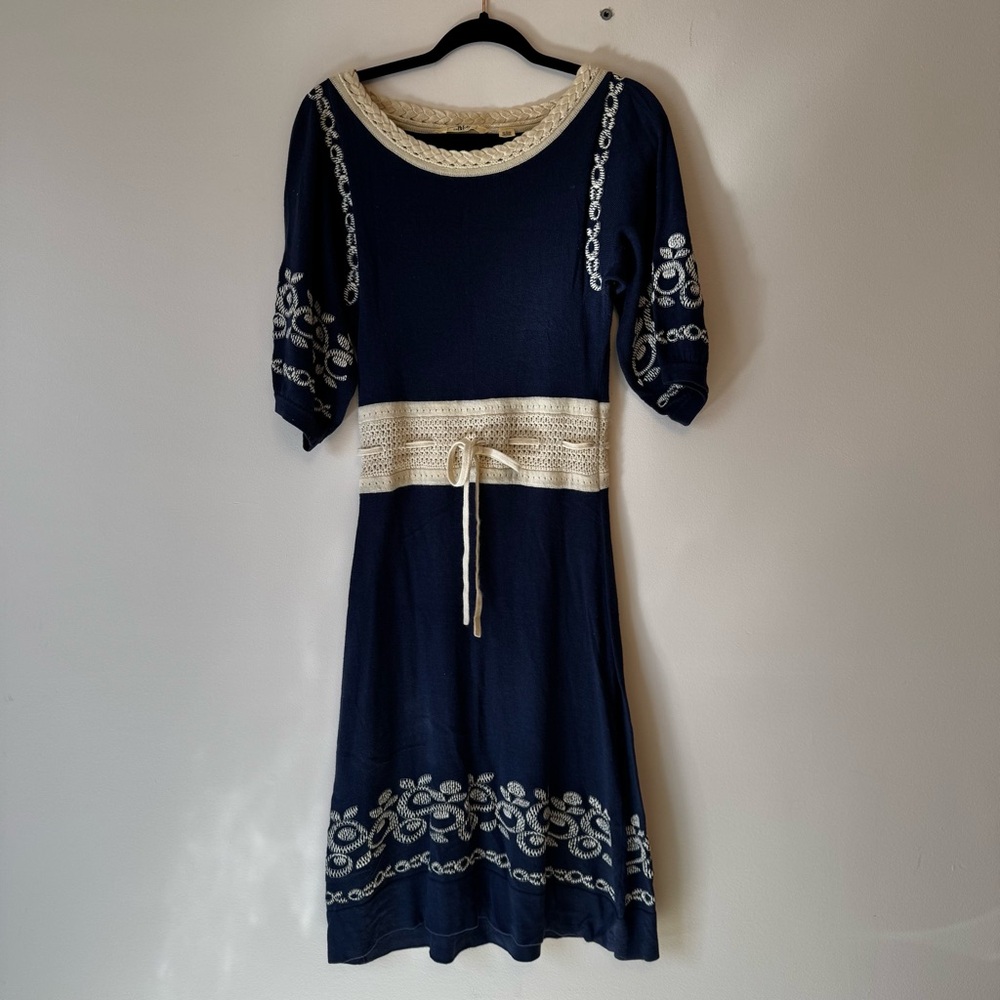 Navy Blue Midi Dress with Cream Trim